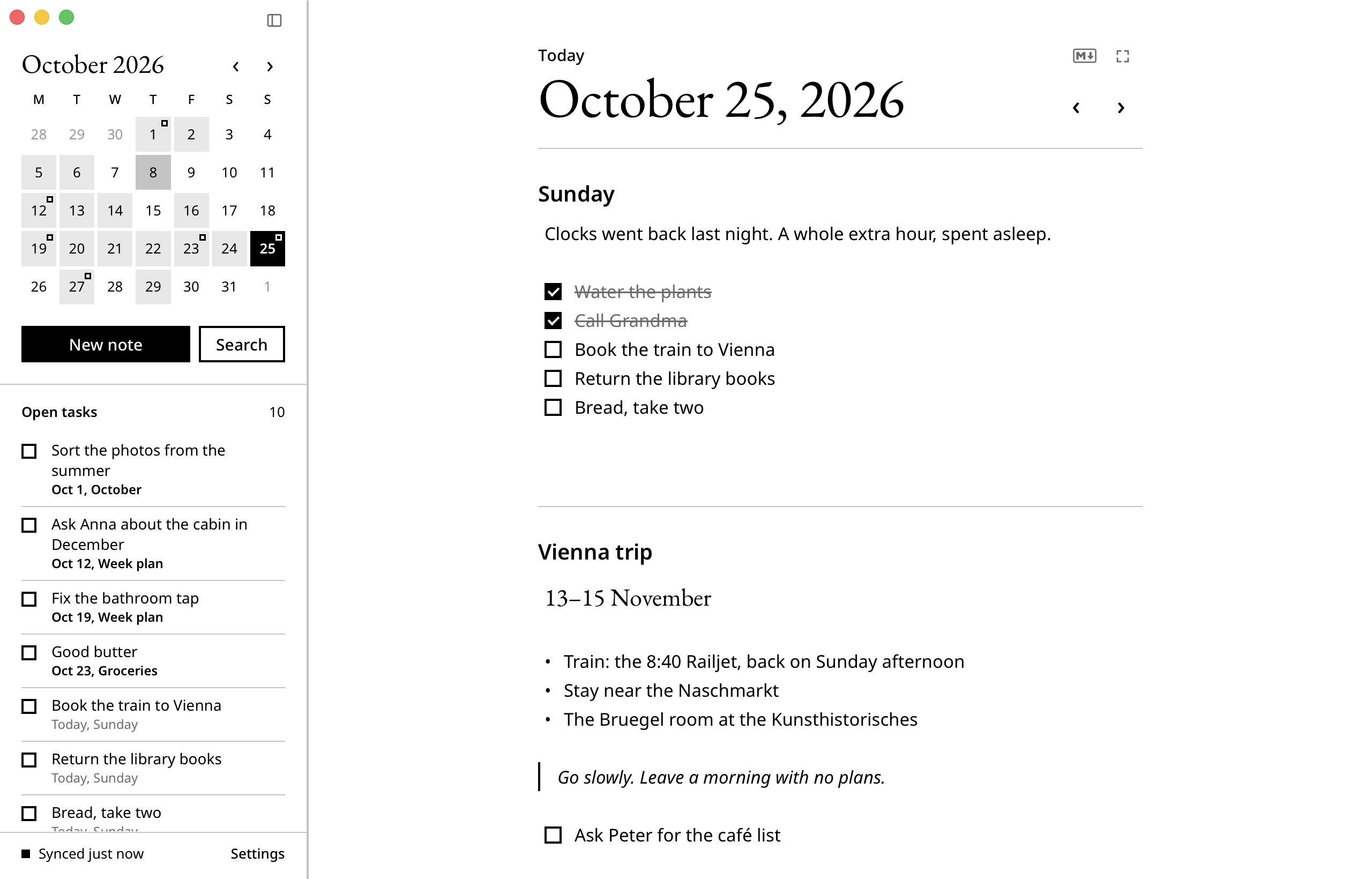Insomnia on the Mac: a day's notes as one page, the month's calendar and the open tasks beside them.